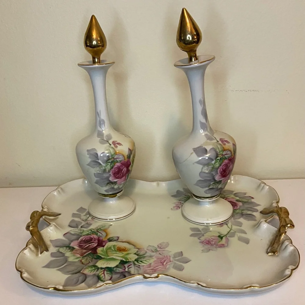 Vintage Porcelain Perfume Bottle Set - Hand Painted Gold Trim
